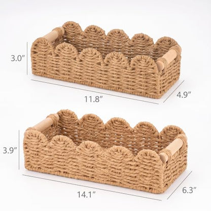 2 Pcs Toilet Paper Storage Basket with Wood Handles, Bathroom, 2Pcs | Scalloped Edge Paper Rattan Bathroom Basket, Over-The-Toilet Storage Organizer for Shelf, Countertop, Modern Farmhouse Decor