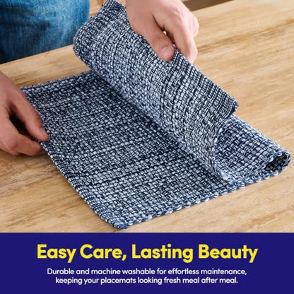 Sweet Home Collection 100% Cotton Placemats for Dining Room Rectangle Two Tone Woven Fabric 13" x 19" Soft Durable Table Mat Set, Set of 6, Navy - color: Navy, size: Rectangle 13" x 19"