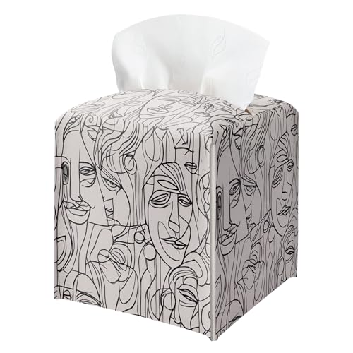 Abstract Line Art Tissue Box Holder, Modern Black White Faces Leather Tissue Box Cover Square, Paper Napkins Everyday Dispenser for Bathroom Night Stands Kitchen Office Car Home Decor