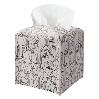 Abstract Line Art Tissue Box Holder, Modern Black White Faces Leather Tissue Box Cover Square, Paper Napkins Everyday Dispenser for Bathroom Night Stands Kitchen Office Car Home Decor