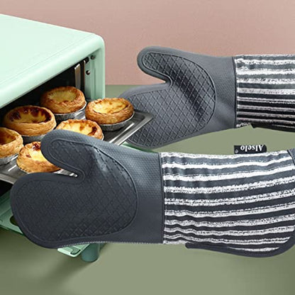 Alselo Silicone Oven Mitts Heat Resistant 932℉ with Waterproof & Non-Slip | Kitchen Mittens Set of 2,Extra Long 7.5"x15" Oven Gloves with Soft Cotton Terry Lining for Baking Cooking BBQ(Grey,2) - color: Gray