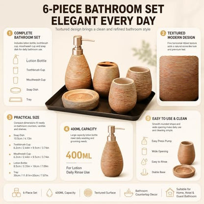 Bathroom Ceramic Accessories Set, 6 Piece Bathroom Set with Including Soap Dispenser Mouthwash Cup Soap Dish Toothbrush Holder Tray (Brown)
