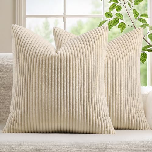 Mecatny Corduroy Fall Decorative Throw Pillow Covers 26x26 Set of 2 Beige | Soft Striped Texture, Hidden Zipper Design, Neutral Boho Square Pillow Cases for Sofa Couch Living Room Bedroom, Home Décor - color: Beige, size: 26" x 26" (Pack of 2)