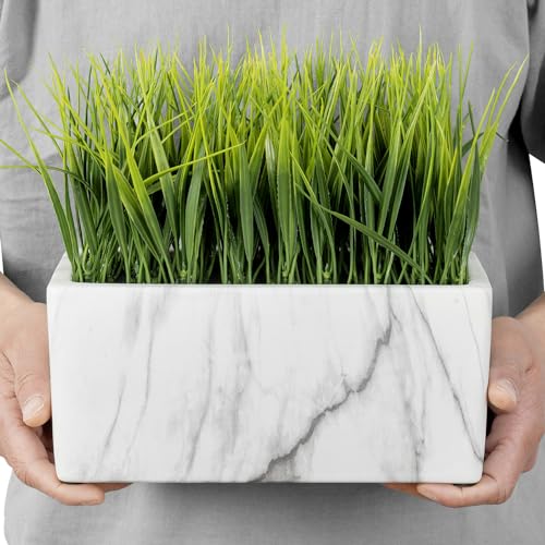 MyGift 10 Inch Artificial Green Grass Plant in Rectangular White Marble Pattern Ceramic Planter Pot - color: White Marble