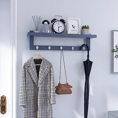 SMIBUY Coat Hooks with Shelf Wall-Mounted, 29.2 Inch Entryway Coat Rack for Wall, Bamboo Hanging Shelf with 5 Double Metal Hooks for Bathroom, Bedroom, Kitchen, Living Room, Mudroom (Grey) - color: Gray