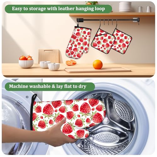 Watercolor Strawberry Oven Mitts and Pot Holders Set 4 Pcs Extra Long Heat Resistant Gloves Potholder for Baking, BBQ, Grilling - color: Watercolor Strawberry