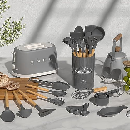 Umite Chef Kitchen Cooking Utensils Set, 33 pcs Non-stick Silicone Spatula Set with Holder, Woodle Handle Heat Resistant Gadgets Utensil (Gray) - color: Gray