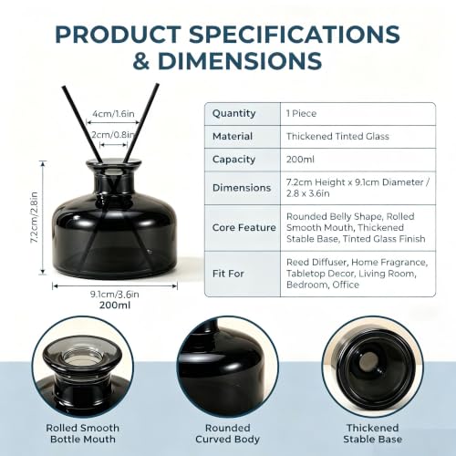 200ml Black Glass Reed Diffuser Bottle, Empty Refillable Aromatherapy Jar | Wide body for better fragrance dispersion Narrow neck fits most standard reed sticks - color: Black
