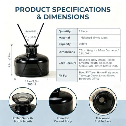 200ml Black Glass Reed Diffuser Bottle, Empty Refillable Aromatherapy Jar | Wide body for better fragrance dispersion Narrow neck fits most standard reed sticks - color: Black