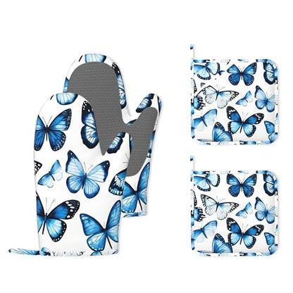 Blue Butterfly Heat-Resistant Silicone Oven Mitts and Pot Holder 4 Piece Set,Non-Slip Kitchen Oven Gloves for Baking, BBQ, Cooking,Grilling - color: Blue Butterfly