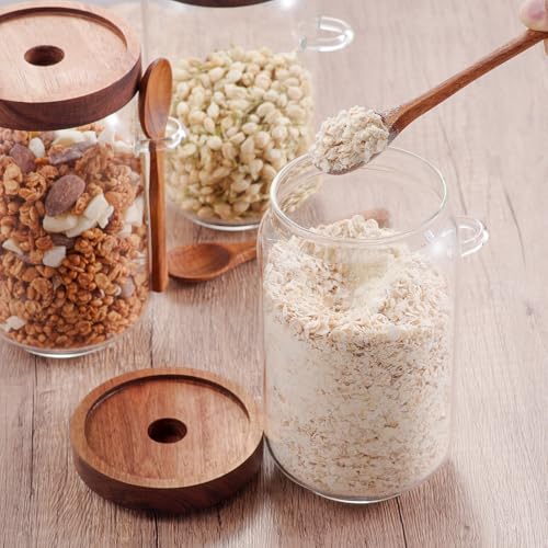 KOSKIMER Coffee and Sugar Container Set, Glass Coffee Jars with Wooden Lids | Decorative Sugar Tea Creamer Canisters for Kitchen Countertop, Small Sugar Container with Spoon for Coffee Bar (25oz)