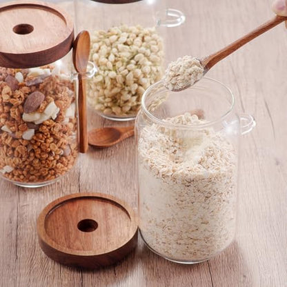 KOSKIMER Coffee and Sugar Container Set, Glass Coffee Jars with Wooden Lids | Decorative Sugar Tea Creamer Canisters for Kitchen Countertop, Small Sugar Container with Spoon for Coffee Bar (25oz)