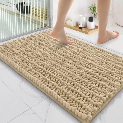 Smiry Bathroom Rugs 35X24, Extra Soft Rubber Backing Chenille Bath Mats | Beige Machine Washable Non Slip Quick Dry Bath Mats for Bathroom Floor, Tub, Shower, Home Decor Accessories - color: Beige, size: 35'' X 24''