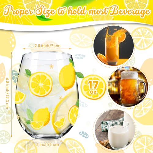 Sliner 2 Pack Lemon Stemless Wine Glasses 17oz Lemon Drinking Glasses Clear Stemless Wine Tumbler Unique Gift for Wedding, Mother's Day Birthday Drinking Party - style: Lemon