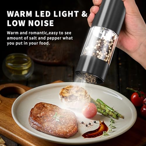 Haomacro Electric Salt and Pepper Grinder Set, Upgraded Larger Capacity | Stainless Steel Automatic Salt and Pepper Mill Set Refillable with 5 Adjustable Coarseness Stainless Steel Top button Shaker