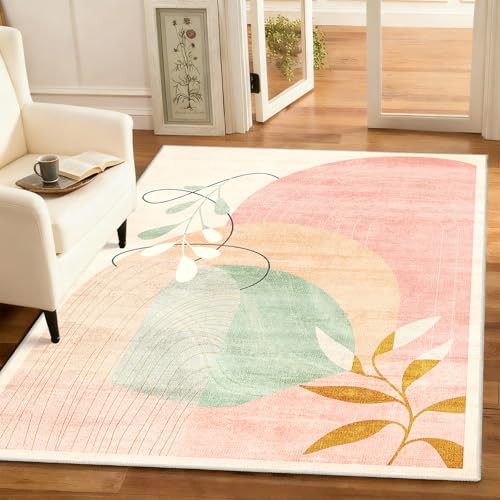 3x5 Rug Washable Area Rugs Low Pile Non Slip Mid Century Modern | Small Throw Carpet for Bedroom Entryway Living Room Office Bedside Entry Indoor Boho Abstract Retro Geometric Pink - color: Pink（modern）, size: 3' x 5' (Rectangular)