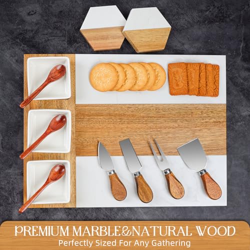 Charcuterie Board Set, Marble Cheese Boards, 15.74“ Wood - Marble Cheese Board Set for Couples 2026, Valentine's Day, Bridal Shower, Housewarming Gifts New Home, Gifts for Women