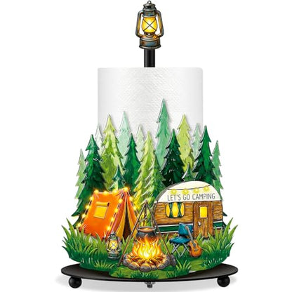Camping Paper Towel Holder Let's Go Camping Kitchen Bathroom Decor Vbs Decorations Rustic Campfire Tent Camper Paper Stand with Round Base for Countertop Home Accessories - style: Camping
