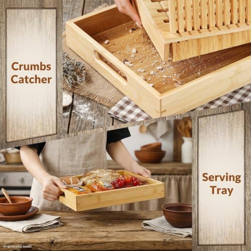 10.5" Extra Wide Bamboo Bread Slicer Guide with Crumb Catcher Board - Premium Wood Cutter & Serving Tray for Homemade Artisan Loaves, Kitchen Gadget Gifts for Bakers