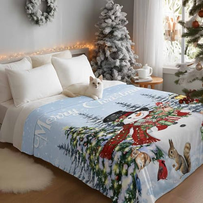 Merry Christmas Throw Blanket, Snowman Xmas Tree Super Soft Warm Flannel Blankets for Bed Couch Sofa Winter Snowflake Deer Animal Lightweight Fluffy Plush Bed Throws 50x60 Inch - color: Blue Red Green, size: 50''x60''