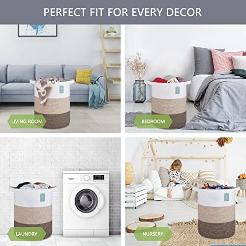 Cotton Rope Blanket Basket, 72L Laundry Hamper, White & Ombre Brown | 16"x 22", Large Collapsible Woven Nursery Hamper with Sturdy Handles for Clothes Toys Towels, Bedroom Living Room Bathroom - color: White & Gradient Brown, size: 72L (16"x22")
