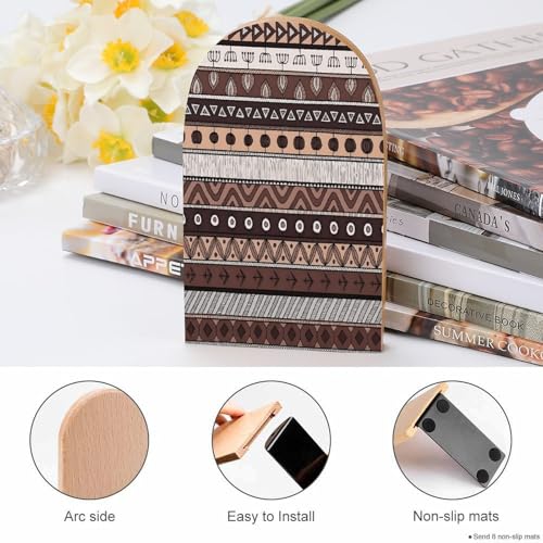 Personalized Wood Book Ends Metal Base Tribal Geometric Stripes Printing Bookend Modern Heavy Duty Bookends for Home Or Office 1 Pair - color: Tribal Geometric Stripes