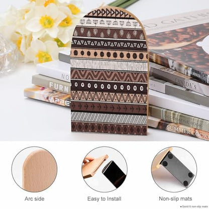 Personalized Wood Book Ends Metal Base Tribal Geometric Stripes Printing Bookend Modern Heavy Duty Bookends for Home Or Office 1 Pair - color: Tribal Geometric Stripes