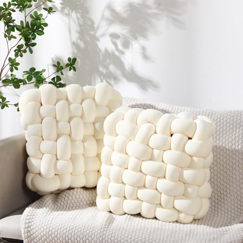 Wenqik 2 Pcs Knot Pillows Square Knotted Plush Throws Soft Accent Pillows Decoration Cushion for Couch Home Office Living Room Bedroom Bed Sofa Decor, 12'' x 13''(Ivory,Crystal Velvet) - color: Ivory