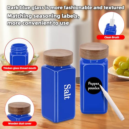 6Pcs 4 oz Square Glass Spice Jars with Label, Empty Spice Containers with Wooden Lids, Square Seasoning Containers and Supplement Set, Small Seasoning Bottles for Salt, Sugar, Pepper (Blue) - color: Blue