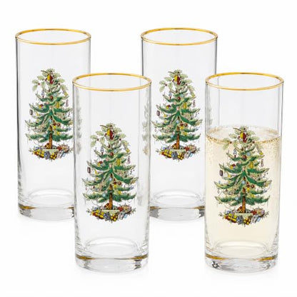 Spode Christmas Tree 15oz Highball Glasses, Set of 4 - Gold-Rimmed Elegant Holiday-Themed Glassware, Festive Holiday Drinkware for Christmas Parties, New Year’s Toasts & Festive Occasions | Ideal for serving cocktails & sparkling water, 22k gold-trimmed r