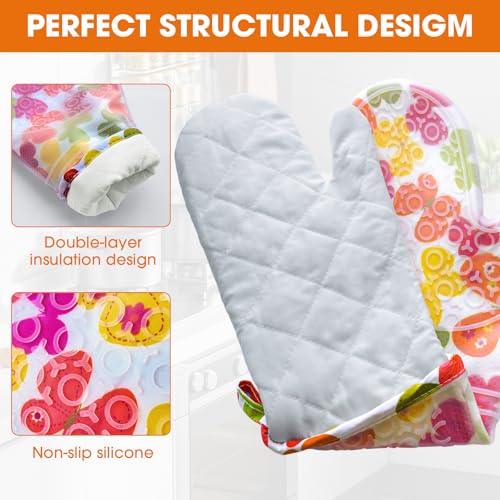 Silicone Oven Mitts Set Heat Resistant 2PCS Kitchen Mittens with Soft Cotton Lining Long Waterproof Non-Slip Oven Gloves for Cooking, BBQ, Baking-Flower - color: Flower