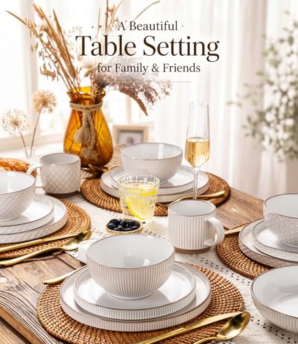 GBHOME Stoneware Dinnerware Set for 4, 12 piece Farmhouse Plates and Bowls | Elegant Embossed Ceramic Dish Set, Scratch Resistant, Microwave & Dishwasher Safe, Off white - color: Off white-Stackable