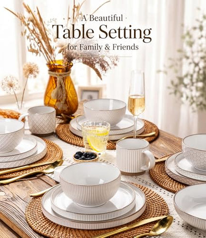 GBHOME Stoneware Dinnerware Set for 4, 12 piece Farmhouse Plates and Bowls | Elegant Embossed Ceramic Dish Set, Scratch Resistant, Microwave & Dishwasher Safe, Off white - color: Off white-Stackable