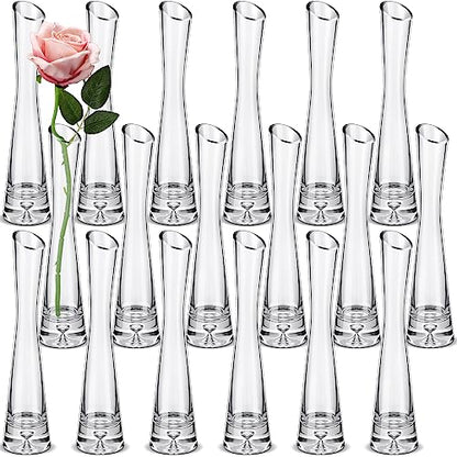 Lallisa Set of 18 Tall Glass Bud Vases for Centerpieces,9.84" H | Bud Vase Bulk, Single Flower Vases, Slim Waist Profile, Slanted Rim Design, Wedding Table Decor, Event Centerpieces
