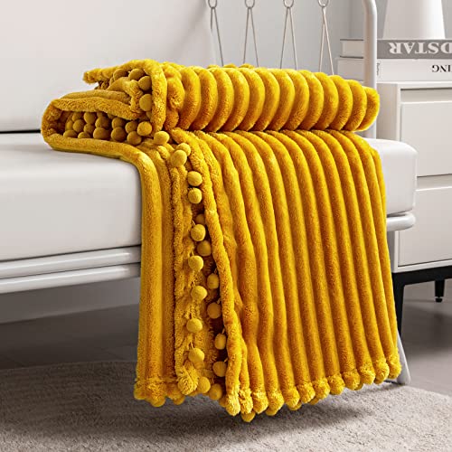DISSA Fleece Blanket Throw Size – 51x63, Yellow Soft, Plush, Fluffy, Fuzzy, Warm, Cozy Perfect for Couch, Bed, Sofa - with Pompom Fringe Flannel - color: Yellow, size: 51x63"