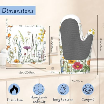 Spring Flowers Pot Holders and Oven Mitts,Rustic Wildflower Oven Mitts Heat Resistant Cotton Lining Anti-Slip Silicone Kitchen Mitts Set Hot Pads for Microwaves Cooking Baking Grilling - color: Spring Flowers