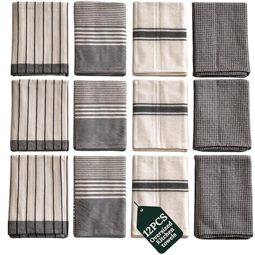 CSL Pack of 12 Kitchen Towels, Absorbent & Soft, Oversized, 18x28 - Grey | Neutral Tone, Pairs with any Style, Hanging Loop, Versatile for Everyday Hands and Counter Care, Great Bundle Value - color: Grey, size: 12 Pack