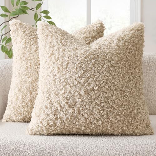 EMEMA Pack of 2 Teddy Faux Fur Throw Pillow Covers 18x18 Inch Soft Fuzzy Sherpa Sheepskin Decorative Cushion Cases Cozy Boucle Fleece for Couch Bed Boho Living Room Decor Neutral Oatmeal - color: Neutral Oatmeal, size: 18" x 18" (Pack of 2)
