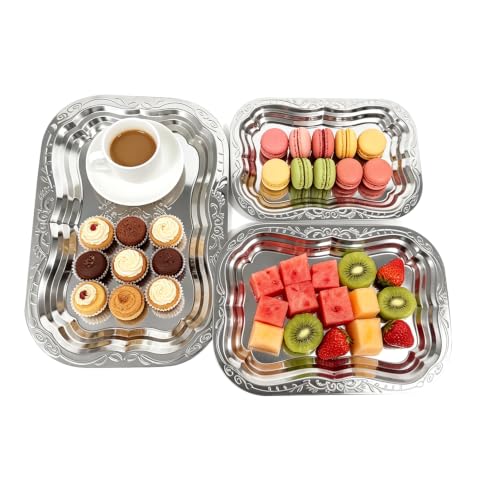3-Pack Vintage Silver Serving Trays for Fruits, Snacks & Desserts | Vintage Rectangular Silver Platter with Embossed Floral Design, Decorative Serving Tray for Party, Home & Kitchen Accessories