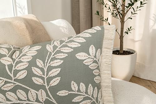 Rudransha Botanical Vine Embroidered 12x20 Lumbar Throw Pillow Cover - Sage Green Cream Cotton with Fringe Trim - Cushion Case for Couch Sofa Bed - Philodean Leaves - color: Sage-philodean, size: 20" x 12" (Pack of 1)