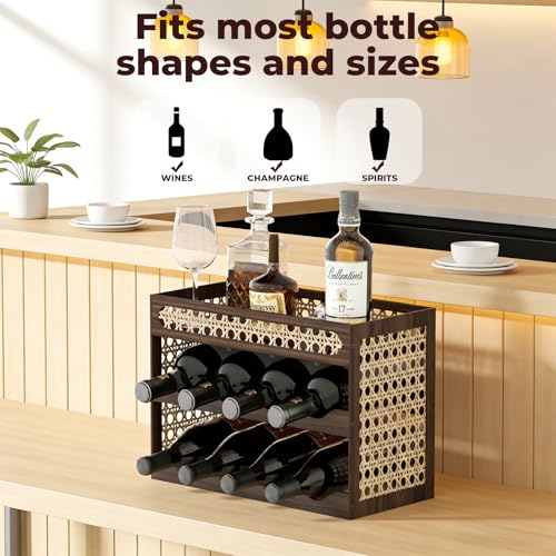 3-Tier Counter Wine Rack, Wine Racks Countertop & Wine Rack for Inside Cabinet - Solid Pine Wood & Rattan Mesh, Tilted Design, Portable Bar for Home Kitchen