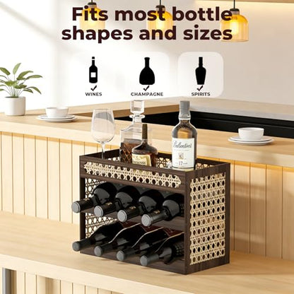 3-Tier Counter Wine Rack, Wine Racks Countertop & Wine Rack for Inside Cabinet - Solid Pine Wood & Rattan Mesh, Tilted Design, Portable Bar for Home Kitchen