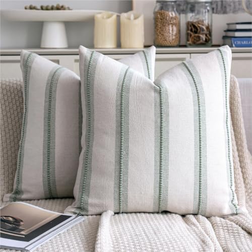 Cethom Boho Throw Pillow Covers 20x20 Set of 2, Sage Green Striped Decorative Pillow Cases for Couch Chair Bed, Textured Farmhouse Modern Accent Cushion Covers for Living Room Bedroom Sofa Home Decor - color: Sage Green, size: 20" x 20" (Pack of 2)