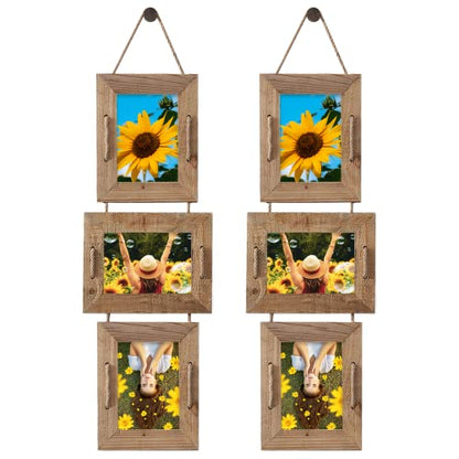 5x7 Collage Picture Frames, 3 Opening, Solid Wood, Brown, 2 Pack | Wall-Mounted Hanging Design, Displays 4x6 Photos with Mat or 5x7 Photos Without Mat, Three-Opening Layout - color: Brown