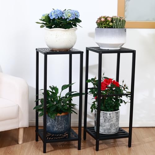 Party Zealot 2-Tier Tall Metal Square Plant Stand 31” Heavy-Duty Modern Flower Pot Rack for Indoor Living Room, Corner Side Table for Outdoor Patio, Garden, and Balcony, Black - style: Square tube - 1 pack