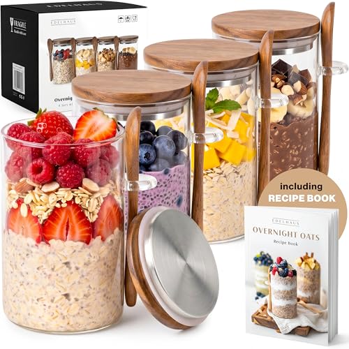 Overnight Oats Containers with Lids - Glass Mason Jars, Meal Prep | Acacia Wood, Airtight Silicone Seal Set of 4 - Includes Spoons, 40 Labels for Chia Pudding, Yogurt, Cereal, Oatmeal - color: 4 pack - Acacia Lid