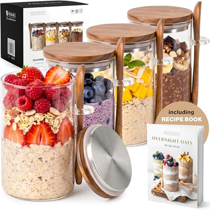 Overnight Oats Containers with Lids - Glass Mason Jars, Meal Prep | Acacia Wood, Airtight Silicone Seal Set of 4 - Includes Spoons, 40 Labels for Chia Pudding, Yogurt, Cereal, Oatmeal - color: 4 pack - Acacia Lid