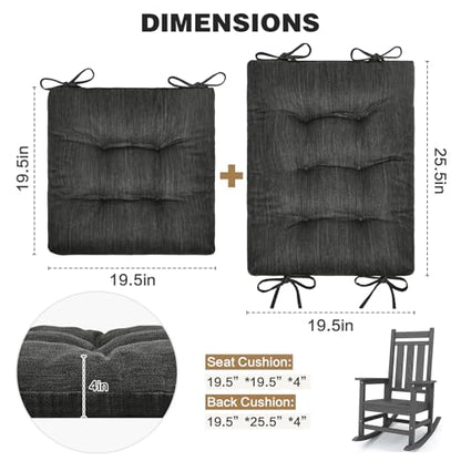 baibu Patented Dual-Layer Rocking Chair Cushion Set, 19.5 x 19.5 in, Black | Two-piece memory foam seat and back cushion set with secure ties and a non-slip bottom for indoor rocking chairs. - color: Black
