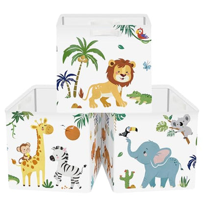 Clastyle 11.8" Animal Storage Basket Set of 3 for Kid Toy Clothes Bin | Collapsible Fabric Book Bin, Metal Frame Bottom Board, Cube Organizer, Closet Nursery Pantry Shelf Bedroom, Safari Lion - color: Lion Elephant