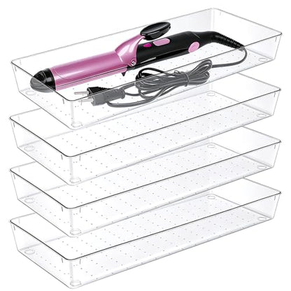 Manalete 4 Pcs Large Clear Plastic Drawer Organizer,15"x6" Vanity Organizer | Durable Clear PET Storage Bins Tray for Desk, Kitchen & Bathroom, Office, Tools, Easy Clean, Stackable, BPA-Free - size: 4 Pack 15"×6"